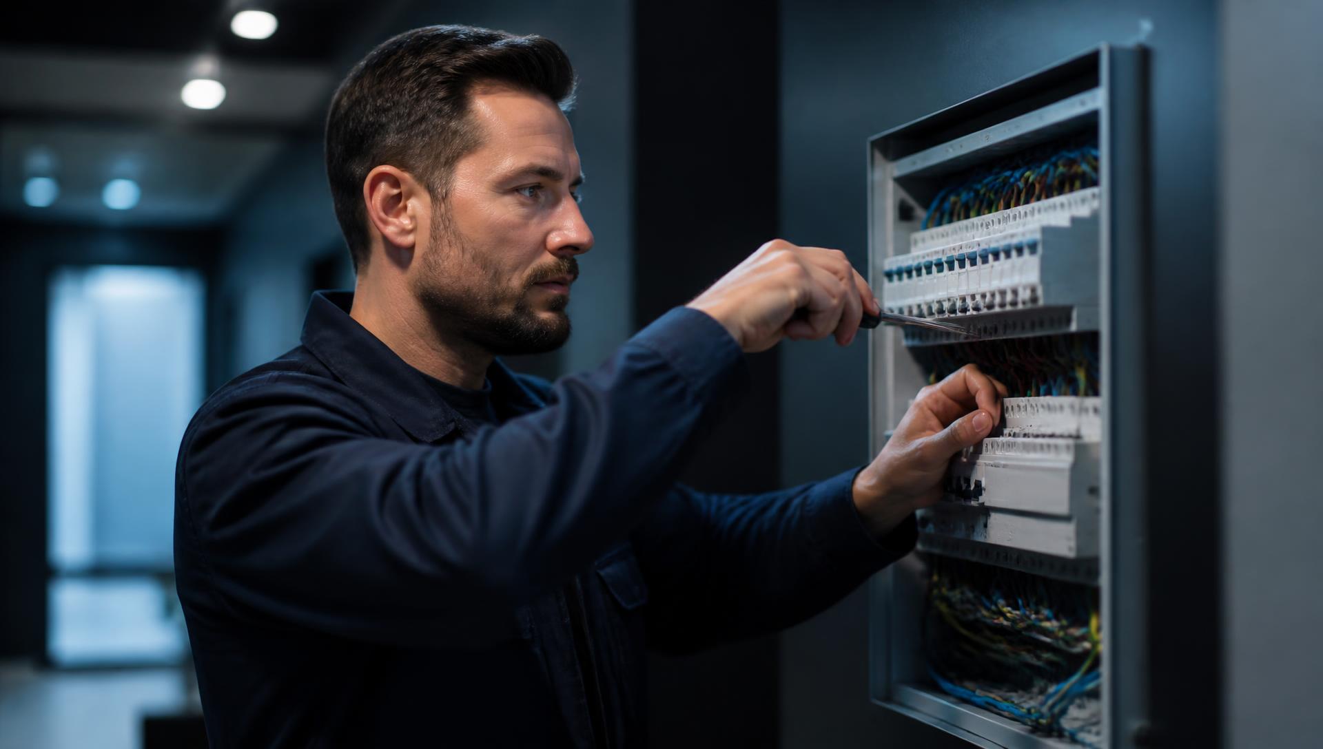 Electrician working on an open consumer unit in a modern building