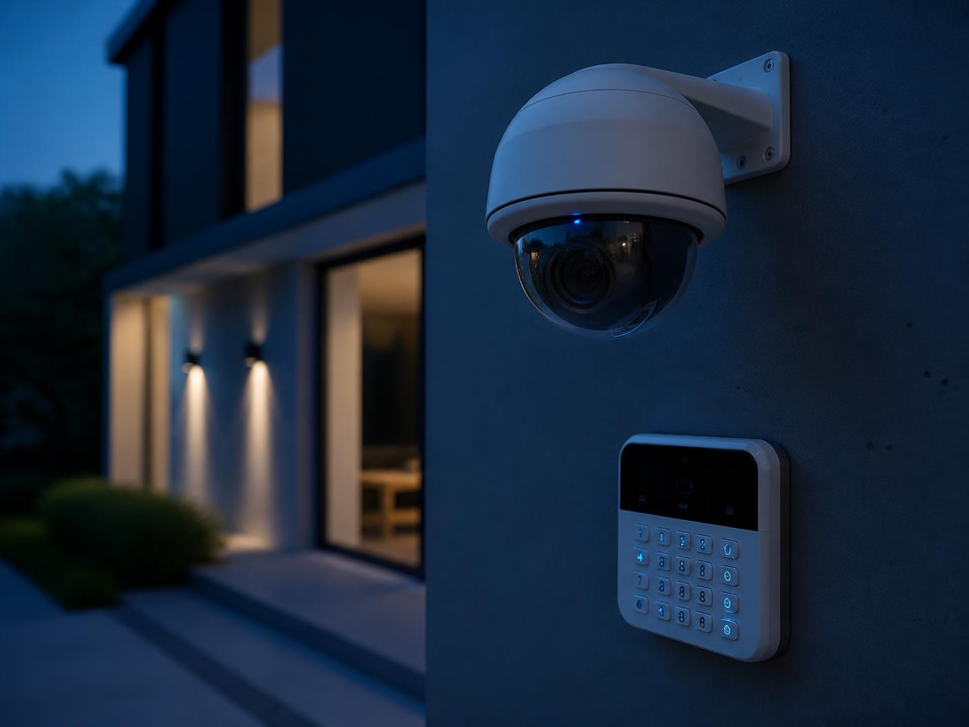 CCTV dome camera and alarm keypad on the wall of a modern home at dusk